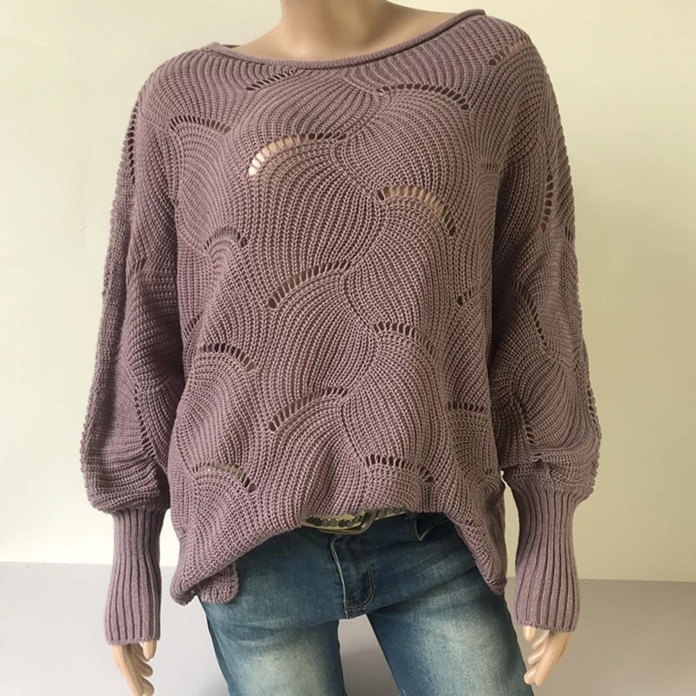 NEW Purple Oversized Scallop Crochet Knit Sweater - Picture 11 of 11